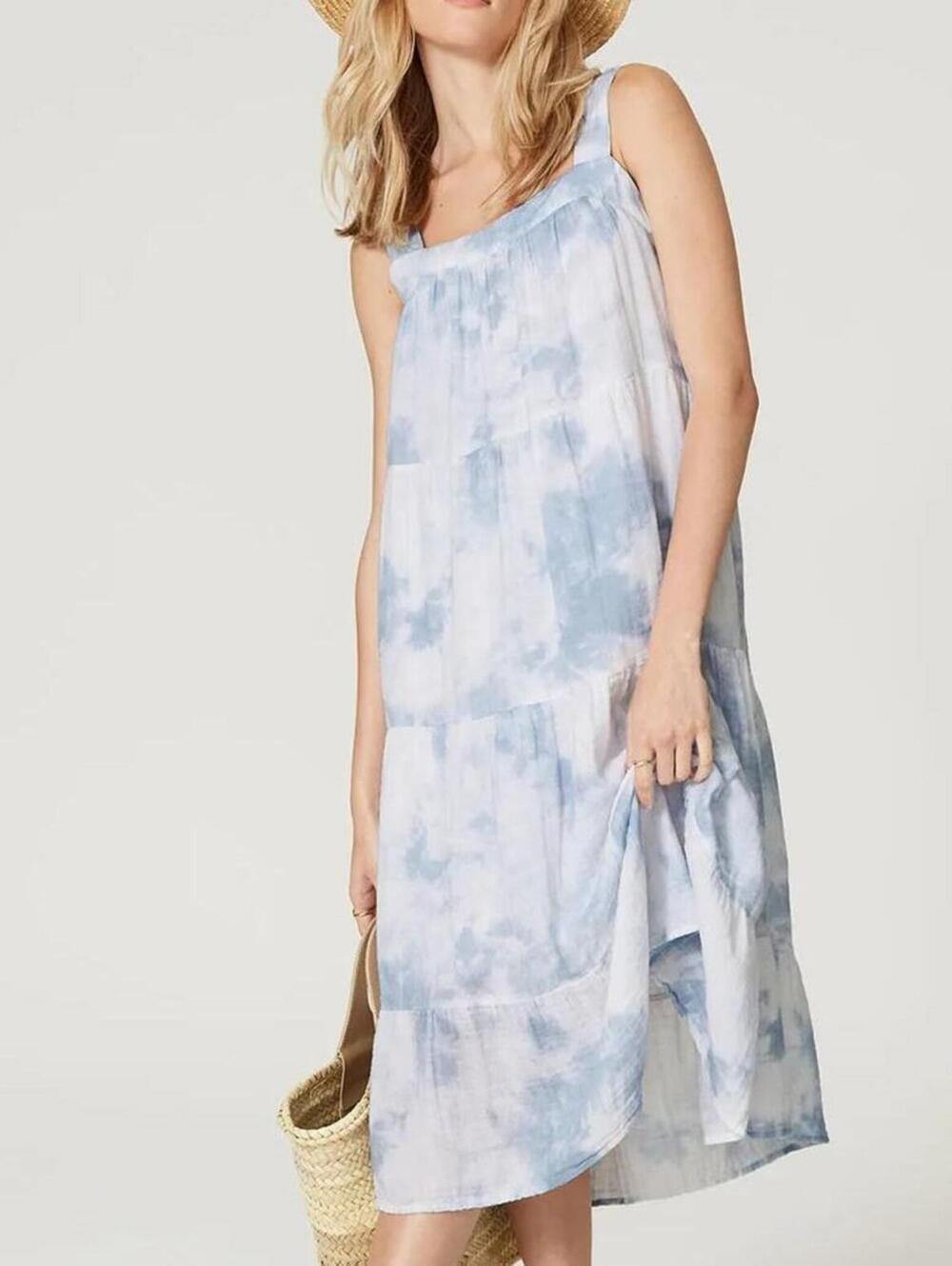Rails Large Blue White Amaya Cascade Tie Dye 100% Cotton Gauze Tiered Midi Dress